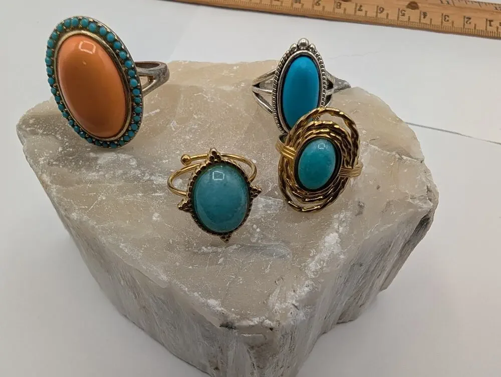 Lot of 4 Fashion Rings Turquoise Orange Cabochon Gold Silver Tone Boho Statement